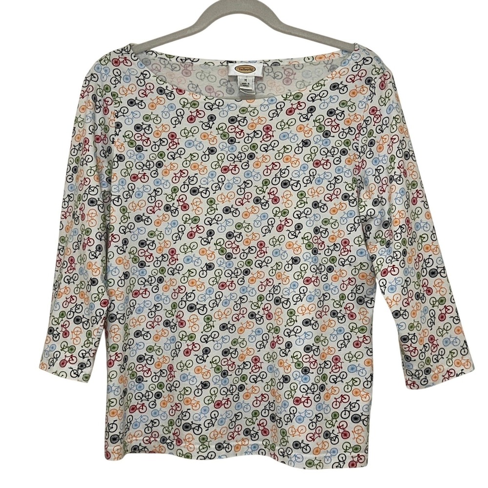 Talbots Womens Top Shirt Medium Bicycle Print White Multi 3/4 Sleeve Boatneck